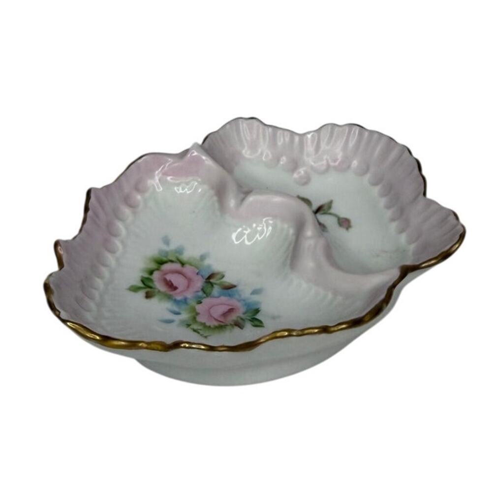 Vintage Porcelain Divided Trinket Dish Pink Roses Floral Gold Trim
